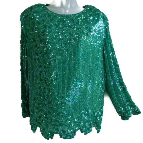 Vintage Tops - SiLK Vintage SWEE LO 80s Top Full Floral Sequin Disco Silk Emerald Green XXL